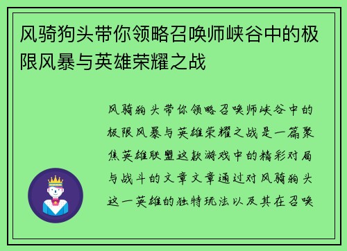 风骑狗头带你领略召唤师峡谷中的极限风暴与英雄荣耀之战