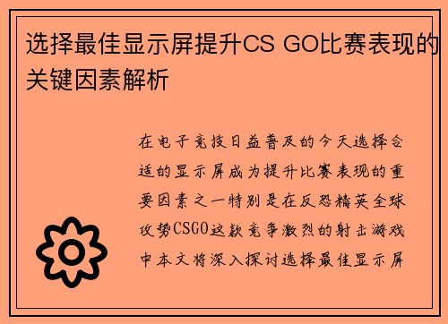 选择最佳显示屏提升CS GO比赛表现的关键因素解析