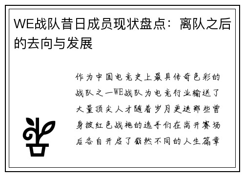 WE战队昔日成员现状盘点：离队之后的去向与发展